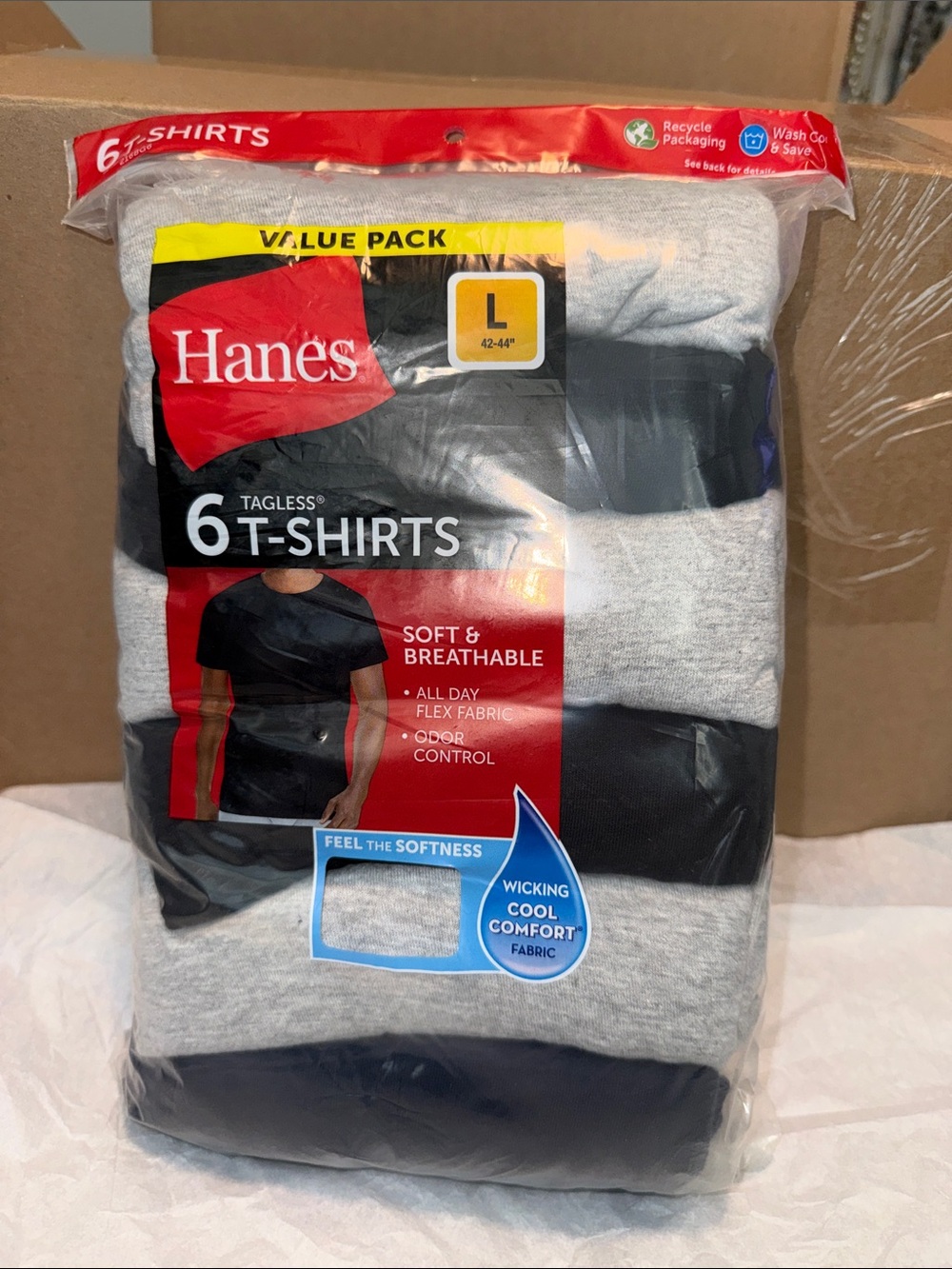 Hanes Men's Gray & Black 6-Pack Tagless Short Sleeve T-Shirts L